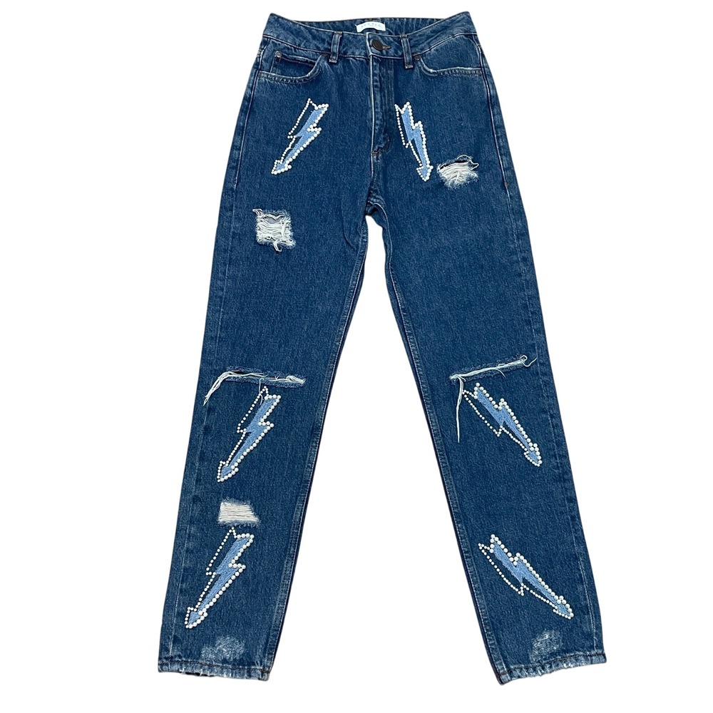 Sandro Paris Womens 4 Blue Pearl Lightning Bolt Distressed Straight Jeans P6217E